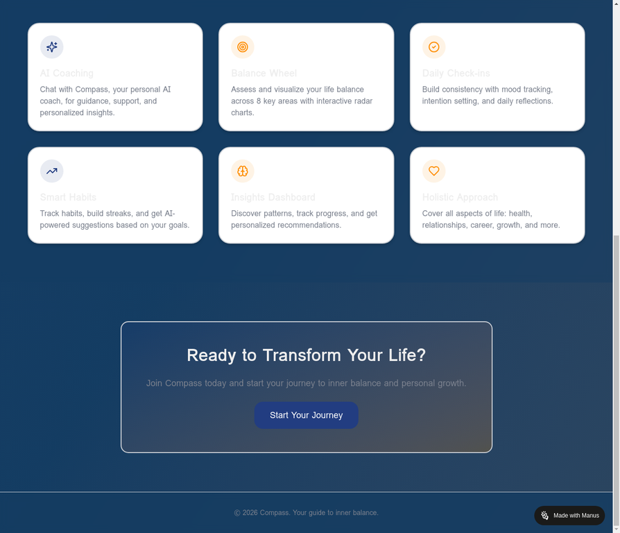 Compass app features including AI coaching, balance wheel, and habit tracking