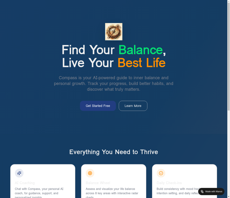 Compass AI-powered app interface showing balance wheel and personalized insights